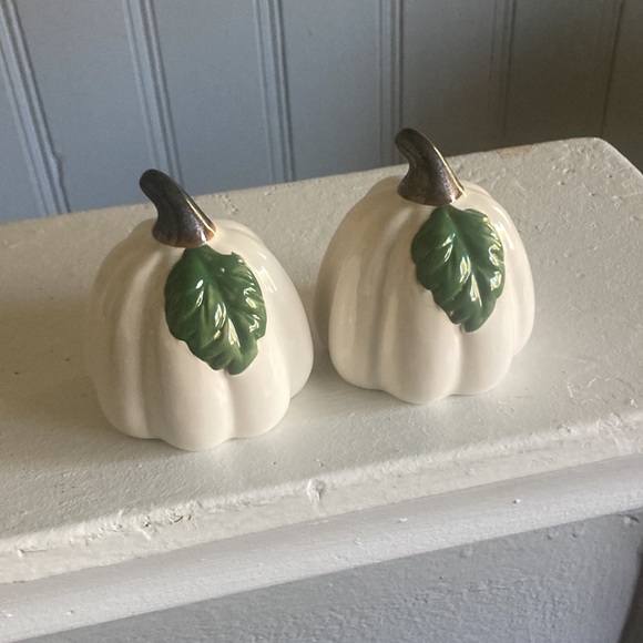 NWT- Set of 2- White Green Leaf Porcelain Glazed Fall Pumpkin Decorations - Picture 7 of 16